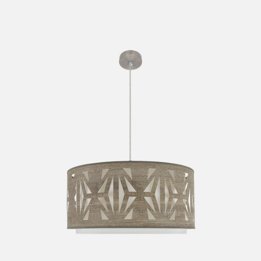 Colgante Katerina de Abrila en níquel y madera gris, diseño moderno de 60 cm con 3 bombillas E27, ideal para iluminación interior y decoración del hogar con estilo textil y metálico.