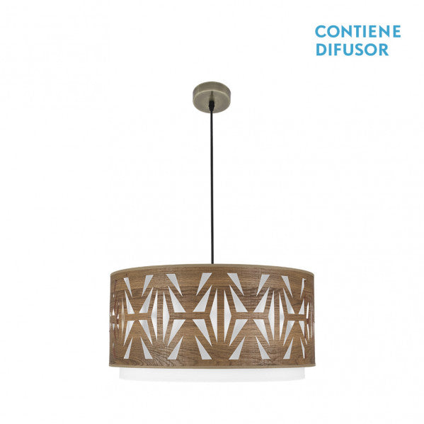 Colgante Katerina de Abrila en cuero y madera oscura, 60cm, lámpara moderna de iluminación interior con luz difusa para decoración de hogar y oficina, diseño textil y metal estilo AI2, referencia 177996084