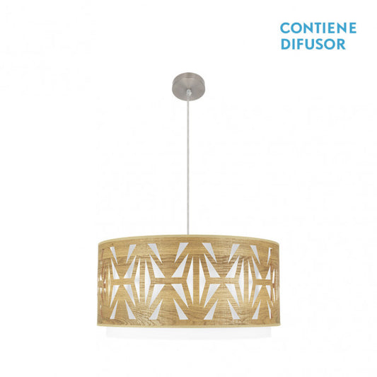 Colgante Katerina de Abrila en níquel y madera clara, lámpara colgante moderna de 60 cm con 3 casquillos E27 para iluminación interior general, diseño decorativo en metal y textil para hogar.
