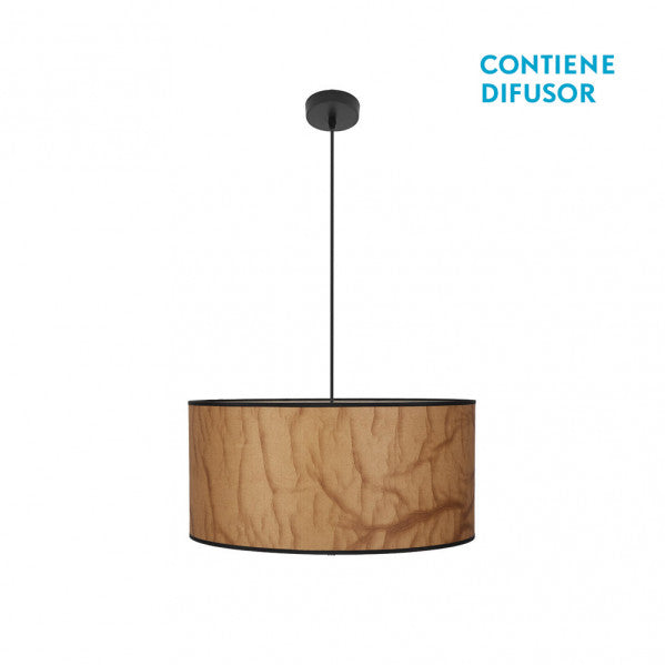 Lámpara colgante Tapirio de Abrila en pergamino y negro, diseño clásico vintage de 50 cm con 2 casquillos E27 para iluminación doméstica difusa, ideal para decoración interior con metal y textil.