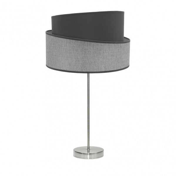 Modern table lamp Alto Hara in nickel and gray finish by Abrila, featuring a sleek metal base and textile shade for contemporary interior lighting and home decoration.