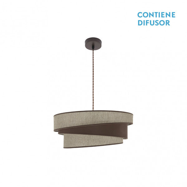 Lámpara colgante Hara de Abrila en color marrón con dos casquillos E27, diseño moderno de metal y textil para iluminación difusa en interiores domésticos, diámetro 50cm, ideal para decoración contemporánea.