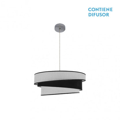 Colgante Hara de Abrila con 2xE27 en acabado cromo, blanco y negro, dimensiones 50x50 cm, diseño contemporáneo moderno en metal y textil para iluminación interior doméstica y decoración.