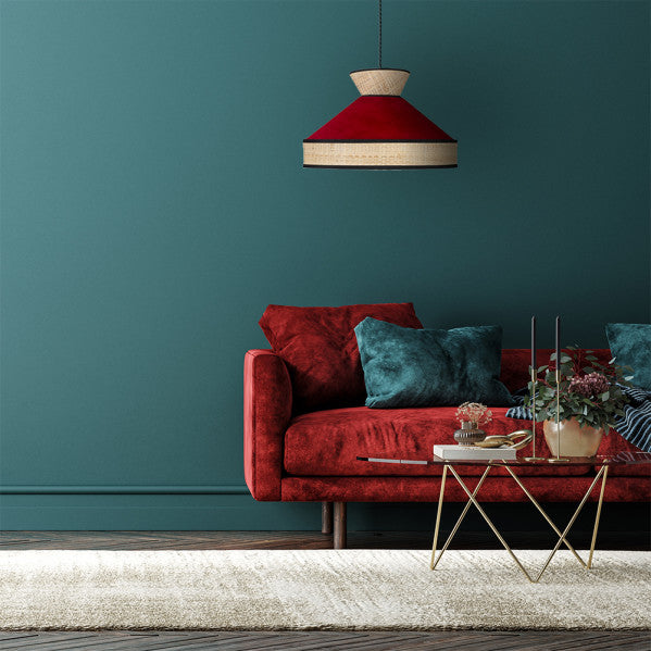 Colgante Fabrizio en acabado natural y rojo de 50x50 cm por Abrila, lámpara colgante moderna de metal y textil para decoración interior doméstica con luz difusa, modelo 179995007.