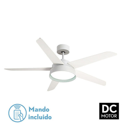 Ventilador de techo Lebeche 25W DC blanco de 132 cm con 5 aspas en madera de haya, LED integrado, mando a distancia y diseño interior doméstico para Abrila AI2 - modelo 180791501
