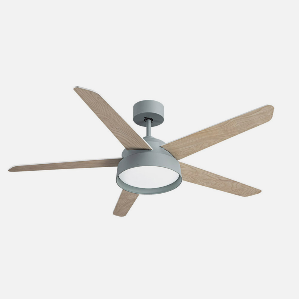 Ventilador de techo Lebeche verde de 5 aspas reversibles con motor DC y LED integrado, modelo Abrila 180791506 para interior doméstico, diseño en blanco-haya.