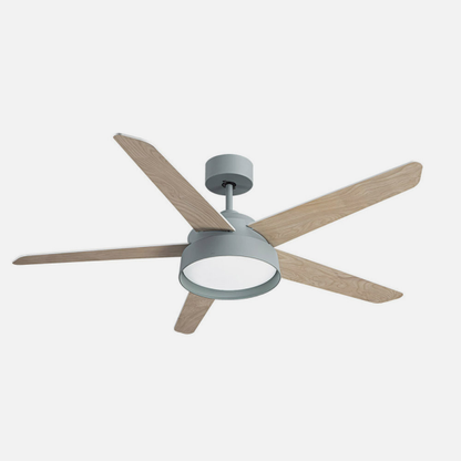 Ventilador de techo Lebeche verde de 5 aspas reversibles con motor DC y LED integrado, modelo Abrila 180791506 para interior doméstico, diseño en blanco-haya.