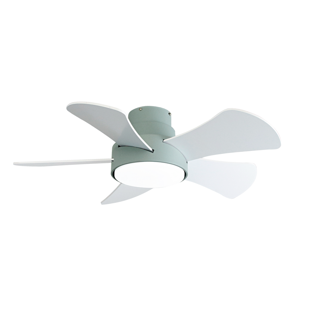 Ventilador de techo Gregario 25W DC en color verde con 5 aspas reversibles, LED integrado, control remoto y temporizador, modelo Abrila 180891506 para interior doméstico