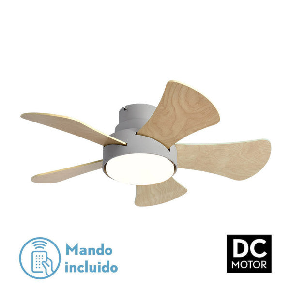 Ventilador de techo Gregario 25W DC gris de Abrila modelo 180891568 con luz LED integrada, motor DC eficiente para ahorro de energía, aspas reversibles en blanco y haya, control remoto incluido, ideal para uso doméstico interior