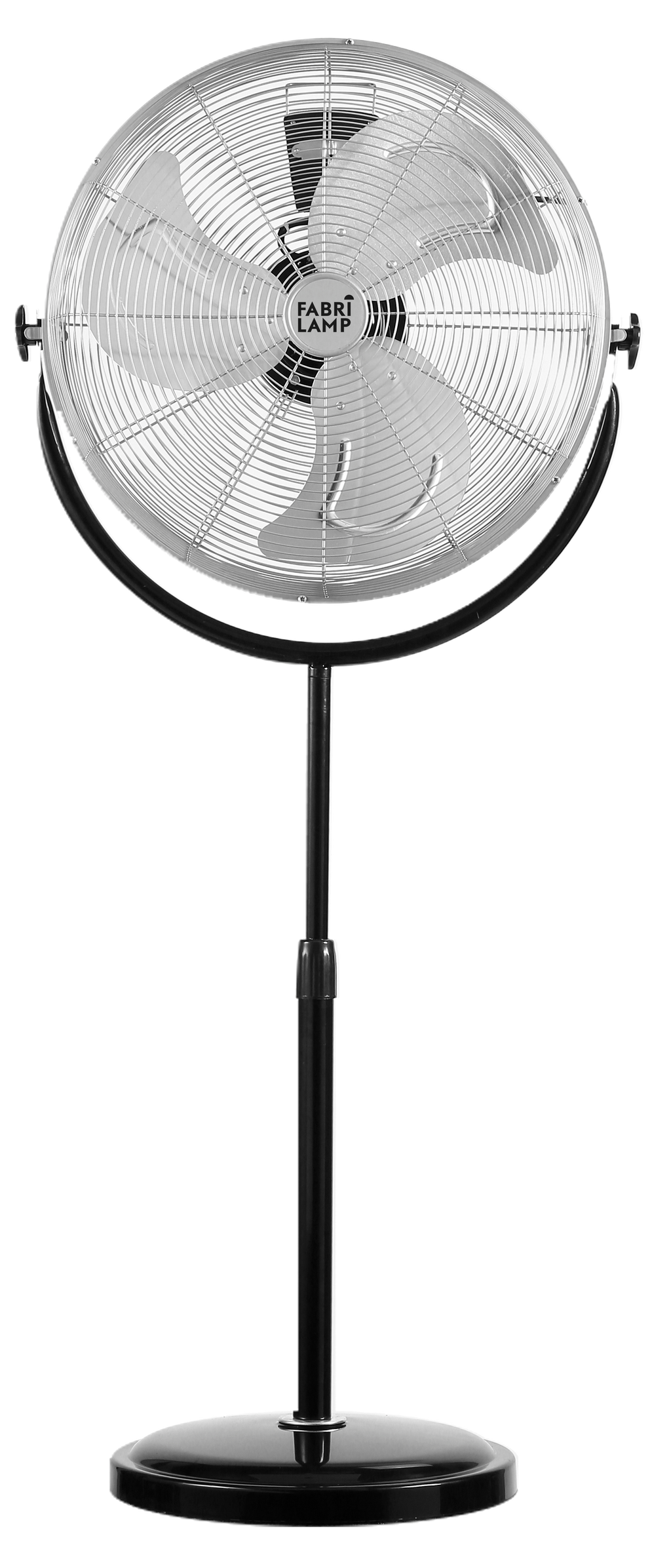 Ventilador de pie Trascias 120W negro con 3 velocidades, altura regulable y cabezal orientable, fabricado en metal, aluminio y policarbonato por Abrila, modelo industrial para uso doméstico interior