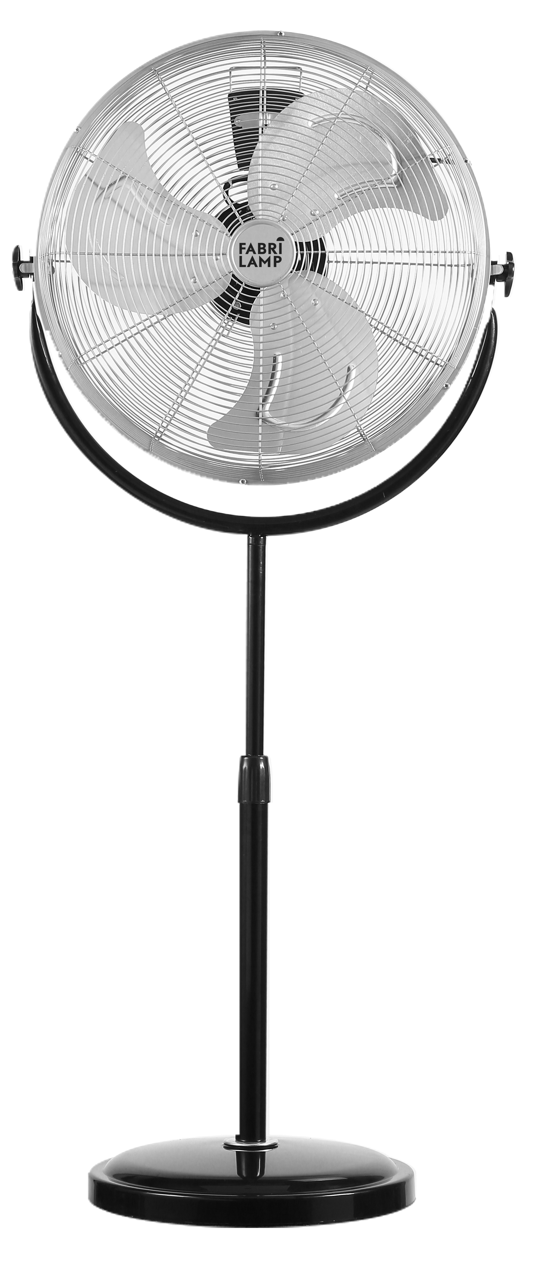 Ventilador de pie Trascias 120W negro con 3 velocidades, altura regulable y cabezal orientable, fabricado en metal, aluminio y policarbonato por Abrila, modelo industrial para uso doméstico interior