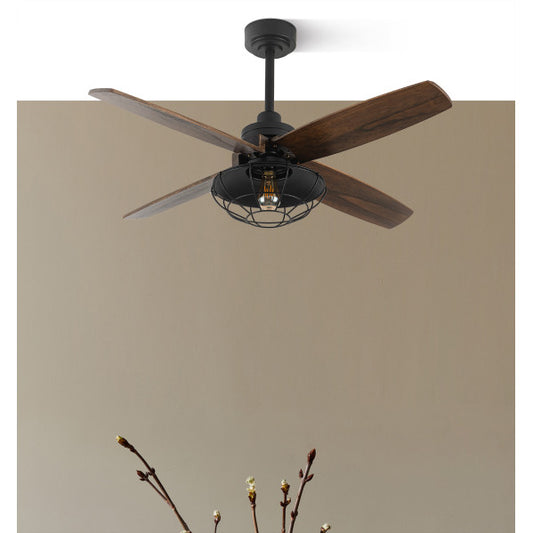 Ventilador de techo Aquilo negro roble de Abrila con 4 aspas de metal y madera, motor DC eficiente para verano e invierno, control por mando a distancia, modelo 182291409 ideal para interiores modernos.