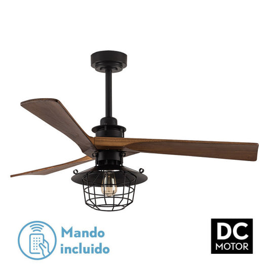 Ventilador de techo Vulturno negro con 3 aspas de roble, diseño rústico industrial de Abrila, motor DC eficiente, incluye luz LED y mando remoto para interiores modernos