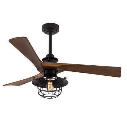 Ventilador de techo Vulturno negro con 3 aspas de madera roble, estilo rústico industrial de Abrila, modelo 182391309 con luz integrada, motor DC eficiente, mando a distancia y diseño en metal y madera para interiores.
