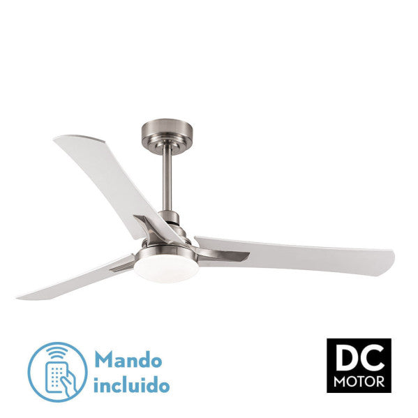 Ventilador de techo Coro 22W DC en níquel con aspas blanco/haya, LED integrado, motor silencioso y reversible, modelo Abrila 182491303 para interiores domésticos con temporizador.