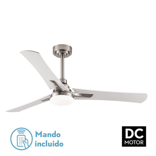 Ventilador de techo Coro 22W DC en níquel con aspas blanco/haya, LED integrado, motor silencioso y reversible, modelo Abrila 182491303 para interiores domésticos con temporizador.