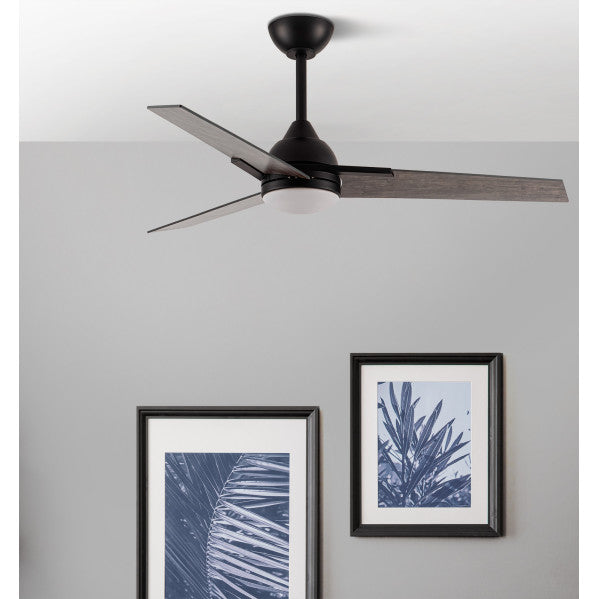 Ventilador de techo Argestes negro 22W con luz LED Abrila modelo 182591309, diseño DC silencioso de 6 velocidades para interior doméstico, acabado en metal, MDF y cristal en tonos negro y gris