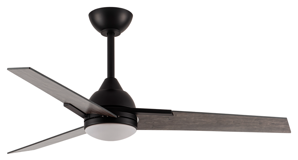 Ventilador de techo Argestes negro de 22W con luz LED, modelo Abrila 182591309, motor DC silencioso con 6 velocidades, diseño interior doméstico en metal, MDF y cristal negro/gris para ventilación eficiente.