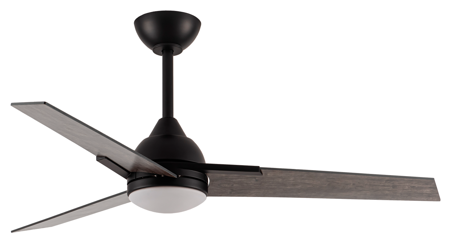 Ventilador de techo Argestes negro de 22W con luz LED, modelo Abrila 182591309, motor DC silencioso con 6 velocidades, diseño interior doméstico en metal, MDF y cristal negro/gris para ventilación eficiente.