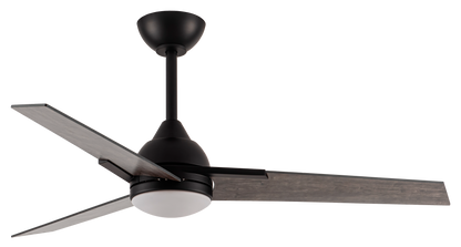 Ventilador de techo Argestes negro de 22W con luz LED, modelo Abrila 182591309, motor DC silencioso con 6 velocidades, diseño interior doméstico en metal, MDF y cristal negro/gris para ventilación eficiente.