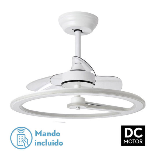 Ventilador de techo Chom Blanco 110W DC de Abrila modelo 182891301 con motor DC eficiente, LED integrado, mando a distancia, temporizador y diseño moderno para interiores domésticos.