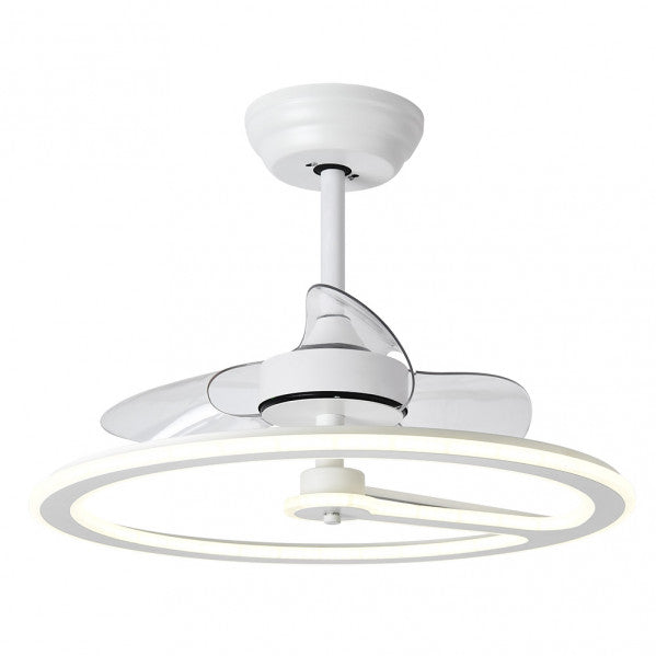 Ventilador de techo Chom Blanco 110W DC de Abrila modelo 182891301 con motor DC eficiente, LED integrado, mando a distancia y temporizador para interiores domésticos, diseño moderno en color blanco.