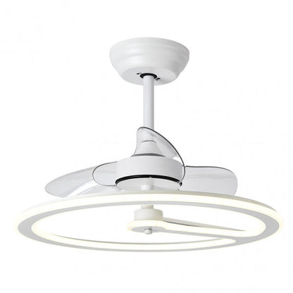 Ventilador de techo Chom Blanco 110W DC de Abrila modelo 182891301 con motor DC eficiente, LED integrado, mando a distancia y temporizador para interiores domésticos, diseño moderno en color blanco.