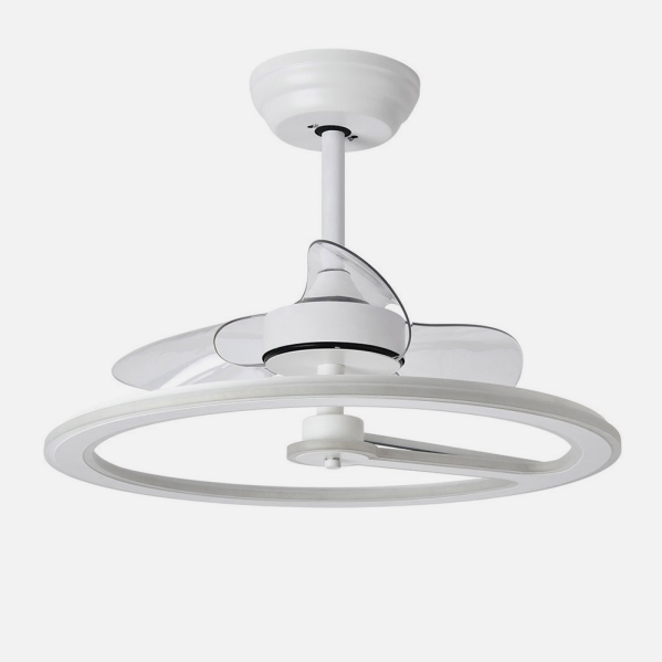 Ventilador de techo Chom Blanco 110W DC de Abrila modelo 182891301 con motor DC eficiente, LED integrado, mando remoto, temporizador y diseño para interiores domésticos.