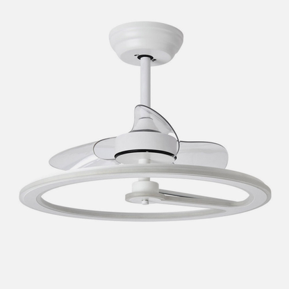 Ventilador de techo Chom Blanco 110W DC de Abrila modelo 182891301 con motor DC eficiente, LED integrado, mando remoto, temporizador y diseño para interiores domésticos.