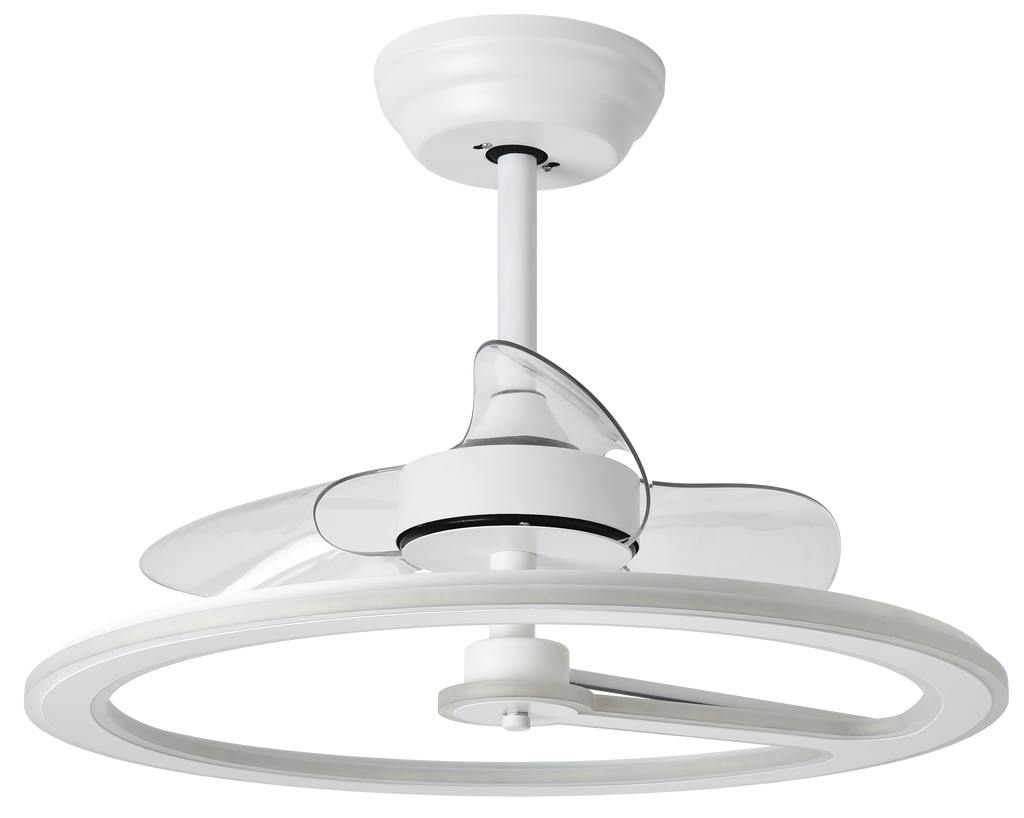 Ventilador de techo Chom blanco 110W DC de Abrila modelo 182891301 con motor DC eficiente, LED integrado, mando a distancia y temporizador para interiores domésticos.