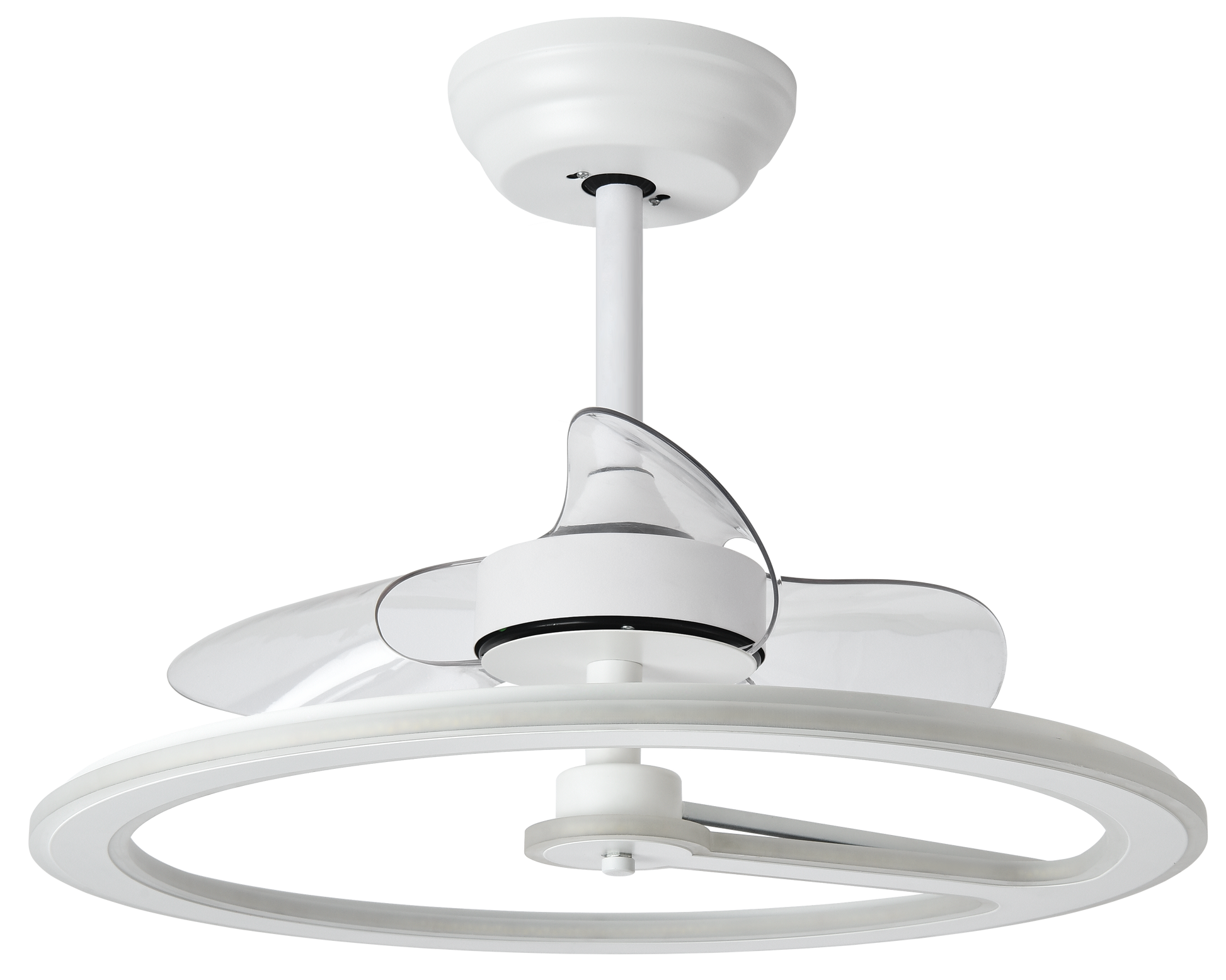 Ventilador de techo Chom blanco 110W DC de Abrila modelo 182891301 con motor DC eficiente, LED integrado, mando a distancia y temporizador para interiores domésticos.