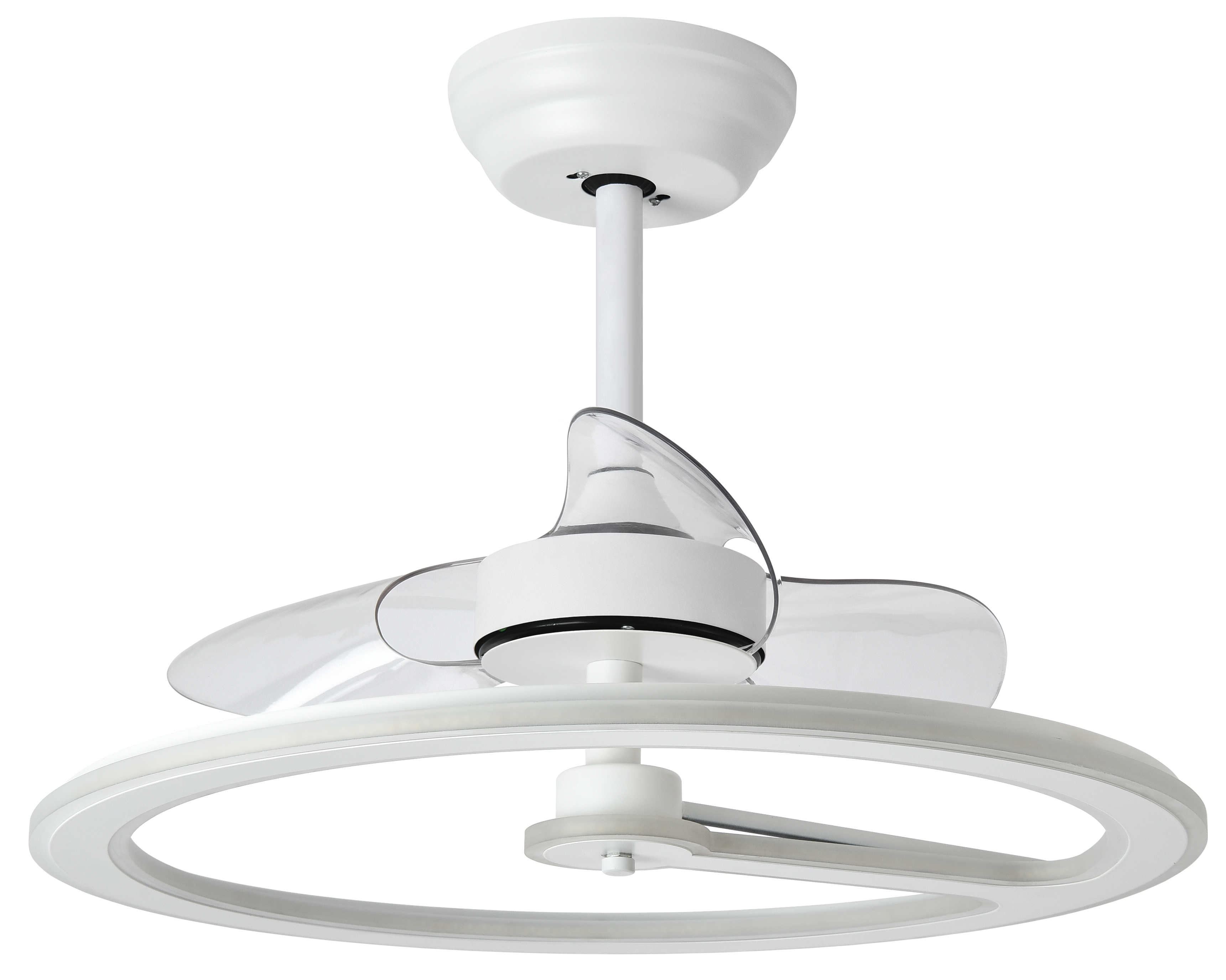 Ventilador de techo Chom blanco 110W DC de Abrila modelo 182891301 con motor DC eficiente, LED integrado, mando a distancia y temporizador para interiores domésticos.