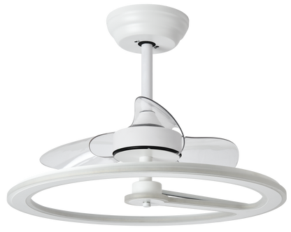 Ventilador de techo Chom blanco 110W DC de Abrila modelo 182891301 con motor DC eficiente, LED integrado, mando a distancia y temporizador para interiores domésticos.