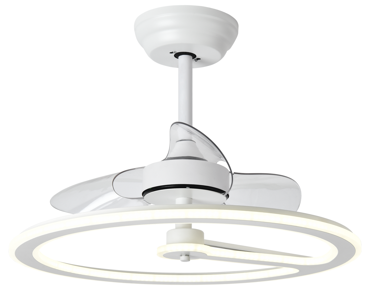 Ventilador de techo Chom blanco de Abrila, modelo 110W DC con LED integrado, mando a distancia, temporizador y motor eficiente para interiores domésticos.