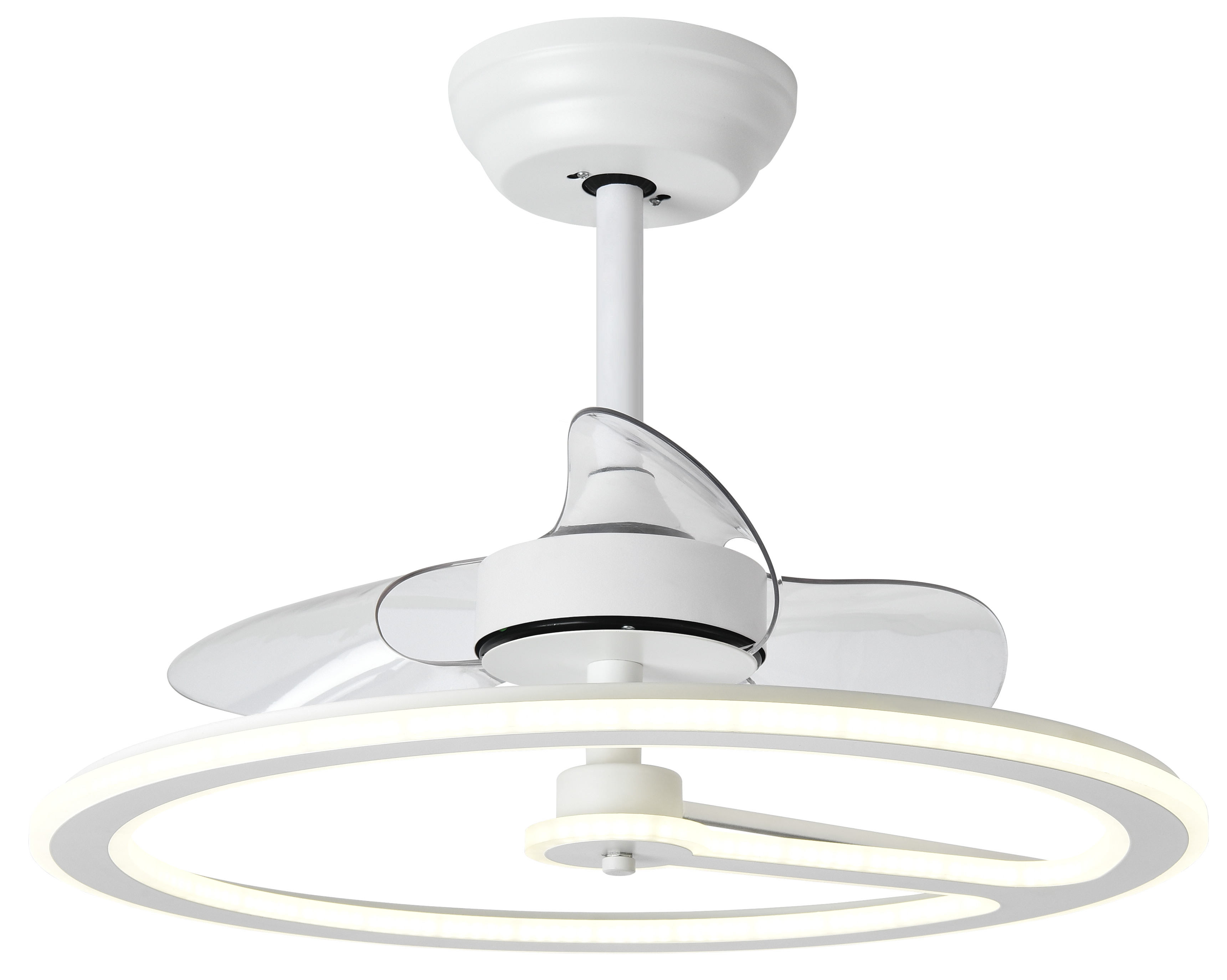 Ventilador de techo Chom blanco de Abrila, modelo 110W DC con LED integrado, mando a distancia, temporizador y motor eficiente para interiores domésticos.
