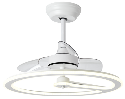 Ventilador de techo Chom blanco de Abrila, modelo 110W DC con LED integrado, mando a distancia, temporizador y motor eficiente para interiores domésticos.