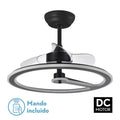 Ventilador de techo Chom negro 110W DC de Abrila modelo 182891309 con motor DC eficiente, 6 velocidades, luz LED integrada regulable, control remoto, temporizador y diseño moderno para interiores domésticos.