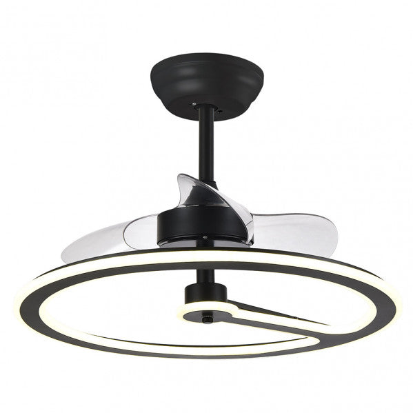 Ventilador de techo Chom negro 110W DC de Abrila con motor eficiente, 6 velocidades, control remoto, luz LED integrada regulable, temporizador y diseño moderno para interiores domésticos.