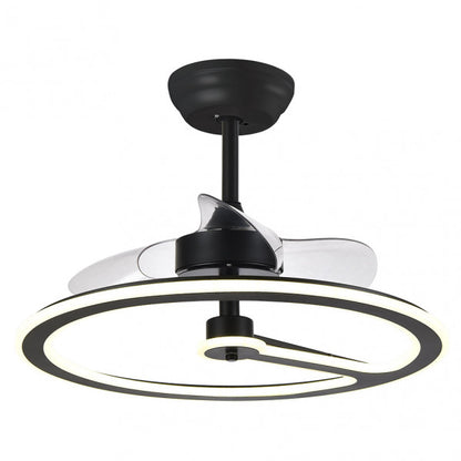 Ventilador de techo Chom negro 110W DC de Abrila con motor eficiente, 6 velocidades, control remoto, luz LED integrada regulable, temporizador y diseño moderno para interiores domésticos.