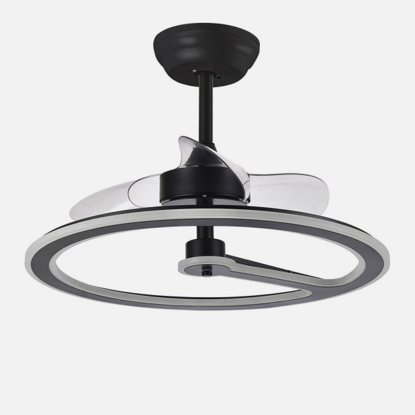 Ventilador de techo Chom negro 110W DC de Abrila modelo 182891309 con motor DC eficiente, 6 velocidades, control remoto, luz LED integrada regulable, temporizador y diseño para interiores domésticos.