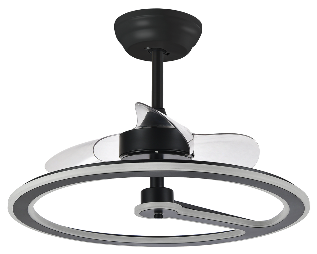 Ventilador de techo Chom negro 110W DC de Abrila modelo 182891309 con motor DC eficiente, 6 velocidades, control remoto, luz LED integrada regulable, temporizador y diseño para interiores domésticos.