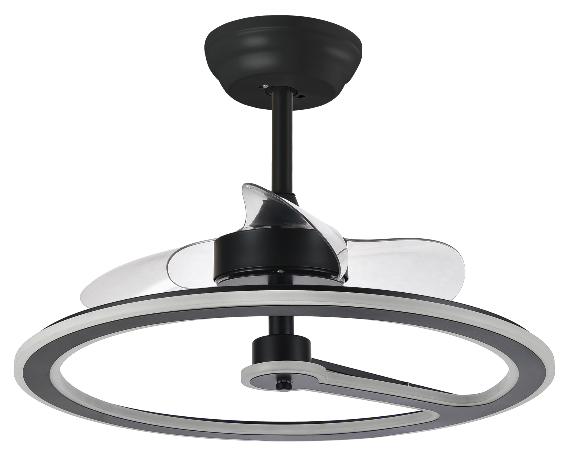 Ventilador de techo Chom negro 110W DC de Abrila modelo 182891309 con motor DC eficiente, 6 velocidades, control remoto, luz LED integrada regulable, temporizador y diseño para interiores domésticos.