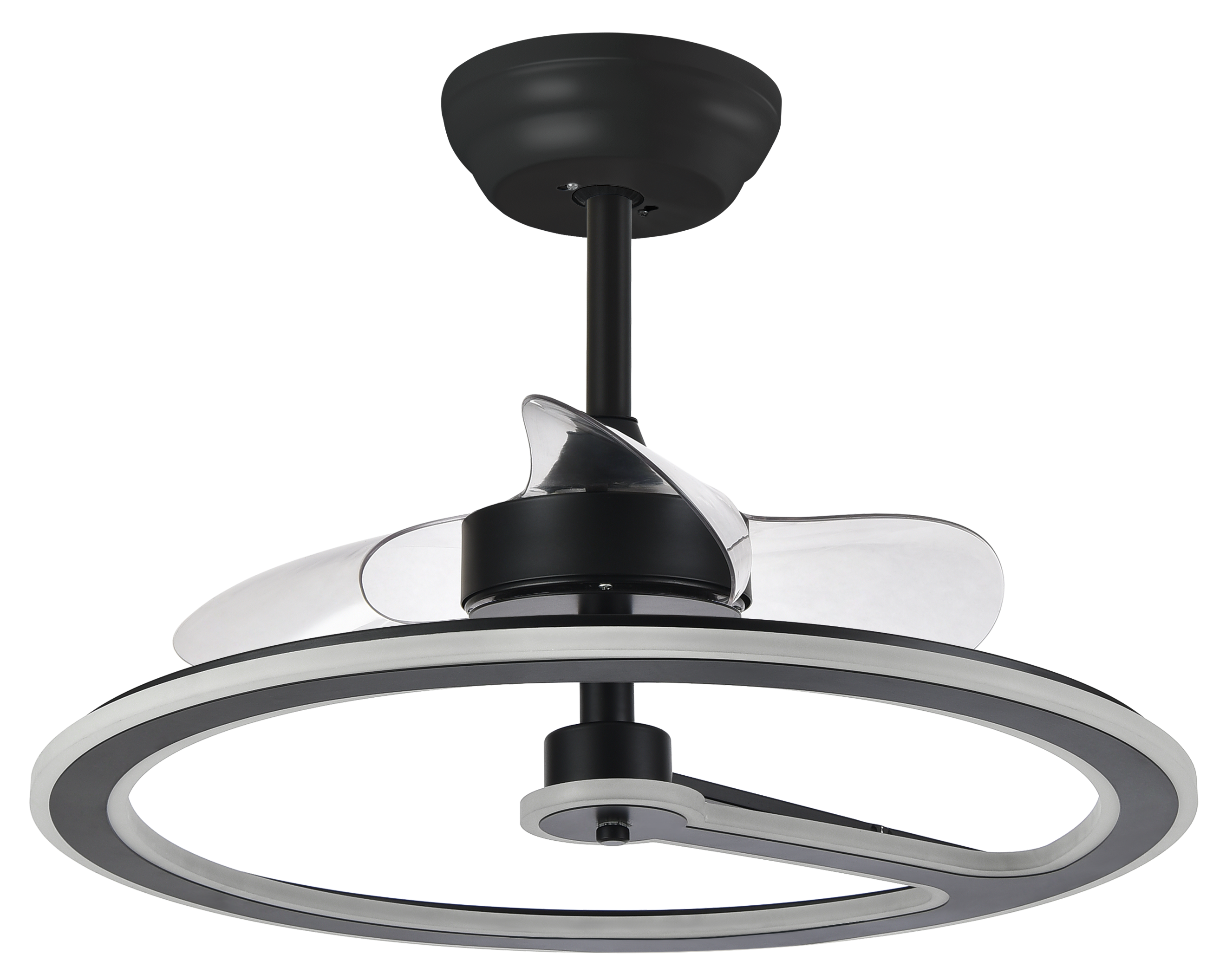 Ventilador de techo Chom negro 110W DC de Abrila modelo 182891309 con motor DC eficiente, 6 velocidades, control remoto, luz LED integrada regulable, temporizador y diseño para interiores domésticos.