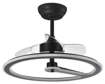 Ventilador de techo Chom negro 110W DC de Abrila modelo 182891309 con motor DC eficiente, 6 velocidades, control remoto, luz LED integrada regulable, temporizador y diseño para interiores domésticos.