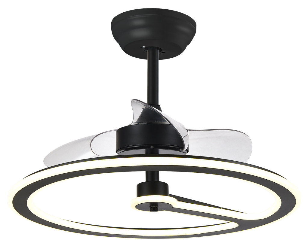 Ventilador de techo Chom negro 110W DC de Abrila modelo 182891309 con motor DC eficiente, 6 velocidades, control remoto, luz LED integrada regulable, temporizador y diseño para interiores domésticos.