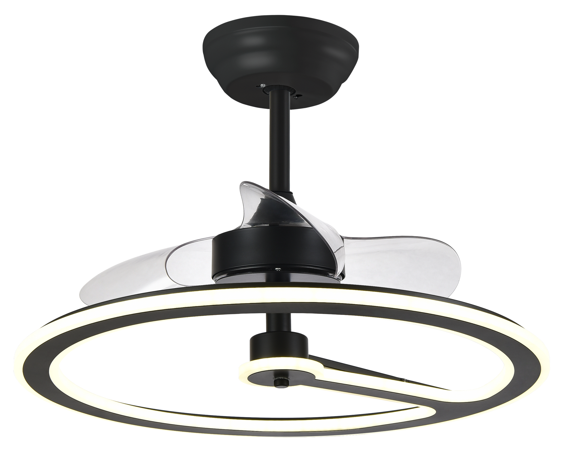 Ventilador de techo Chom negro 110W DC de Abrila modelo 182891309 con motor DC eficiente, 6 velocidades, control remoto, luz LED integrada regulable, temporizador y diseño para interiores domésticos.