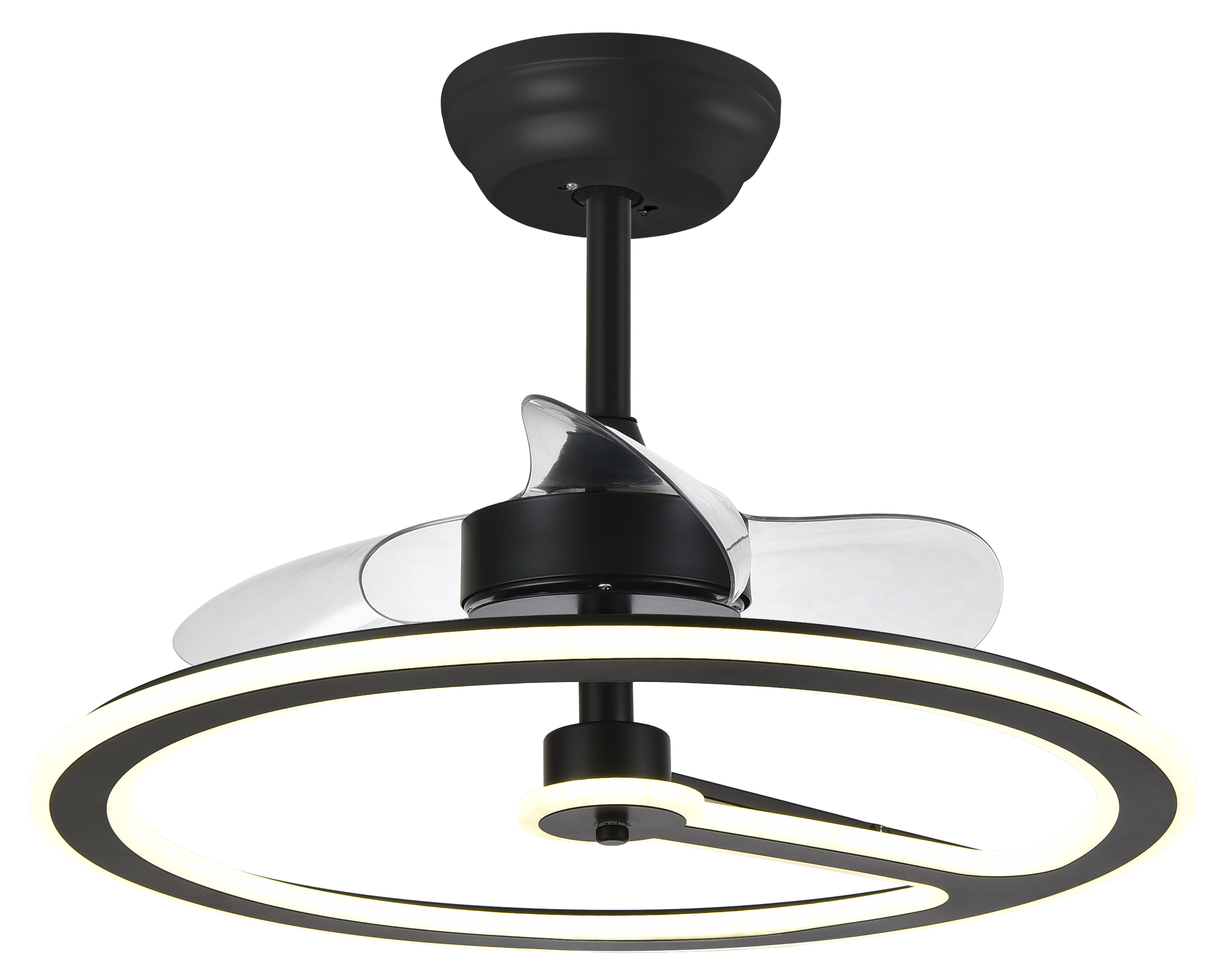 Ventilador de techo Chom negro 110W DC de Abrila modelo 182891309 con motor DC eficiente, 6 velocidades, control remoto, luz LED integrada regulable, temporizador y diseño para interiores domésticos.