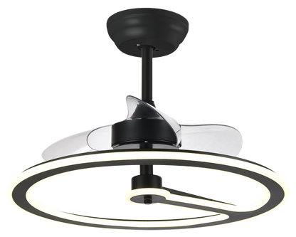 Ventilador de techo Chom negro 110W DC de Abrila modelo 182891309 con motor DC eficiente, 6 velocidades, control remoto, luz LED integrada regulable, temporizador y diseño para interiores domésticos.