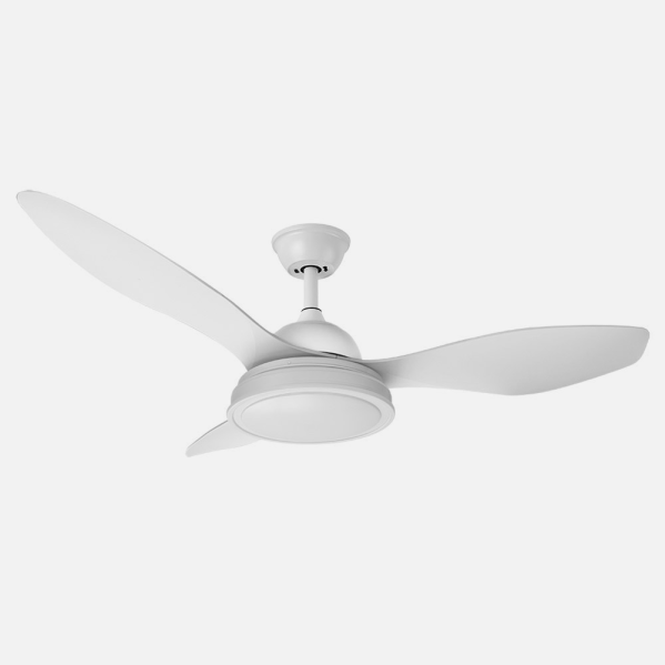 Ventilador de techo Datoo 48W DC blanco con 3 aspas, modelo Abrila 182991301, motor DC eficiente, 6 velocidades, control remoto incluido, luz LED integrada para interiores domésticos.
