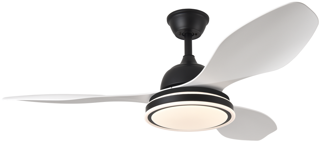 Ventilador de techo Datoo 48W DC motor eficiente en negro y blanco, modelo Abrila con 6 velocidades, luz LED integrada y control AI2 para interiores domésticos, referencia 182991326